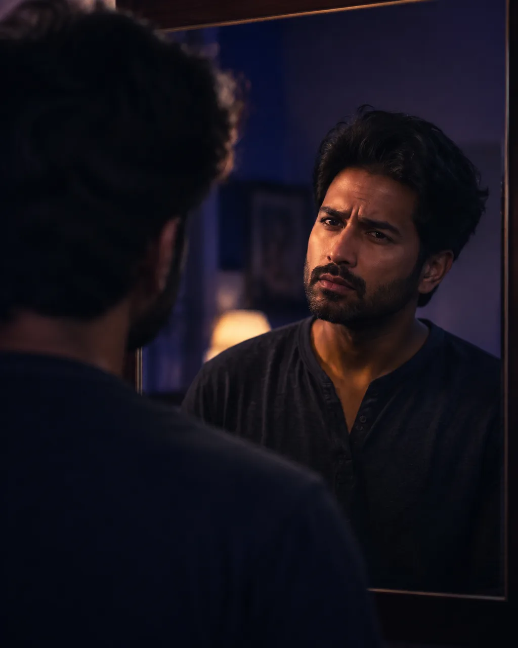 Indian man looking into his own eyes in a mirror, questioning himself