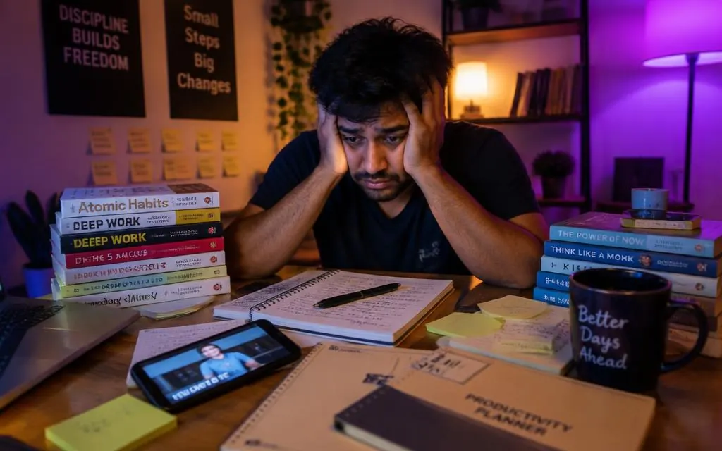 Indian man surrounded by planners, books and notes but unable to start