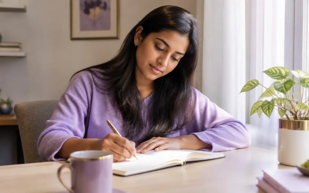 Indian professional reflecting and journaling with clarity
